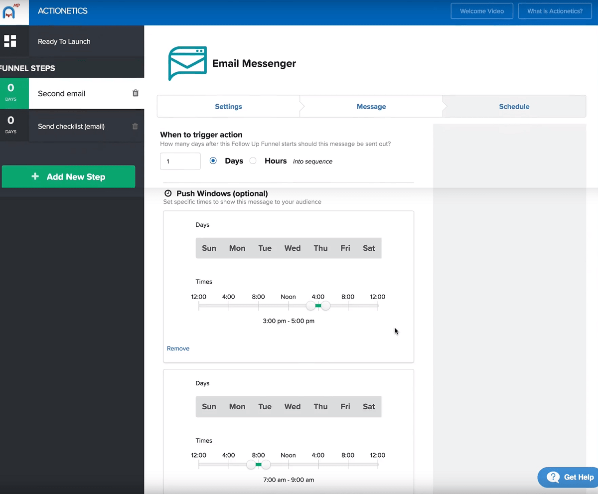 actionetics md email messenger shedule clickfunnels