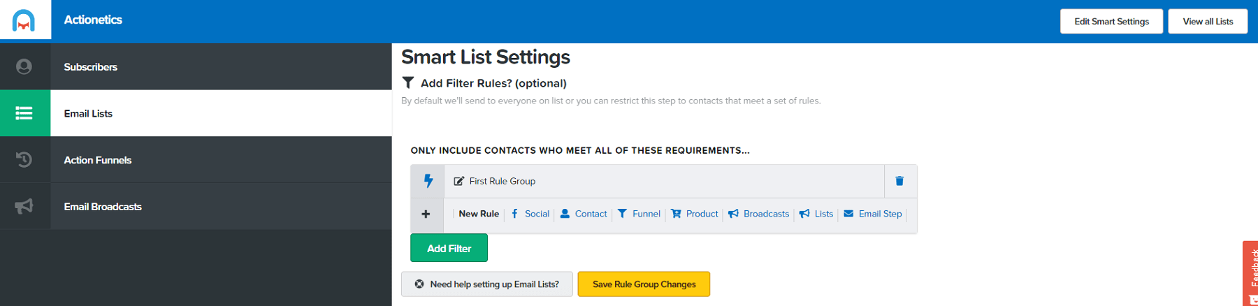 smart list setting actionetics clickfunnels