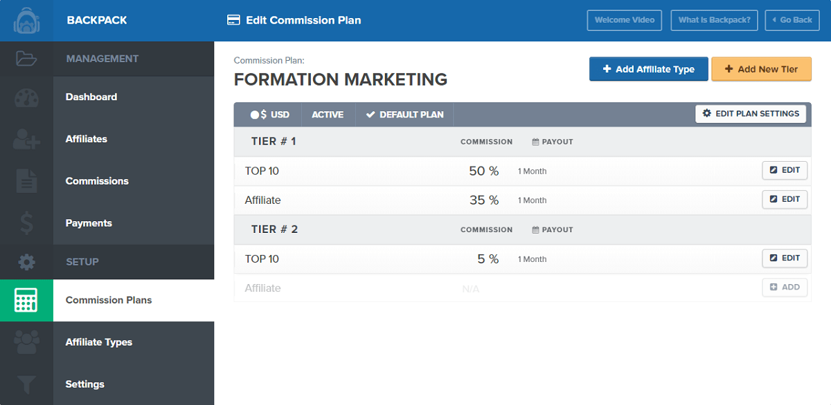 backpack commision plan 2 tiers clickfunnels