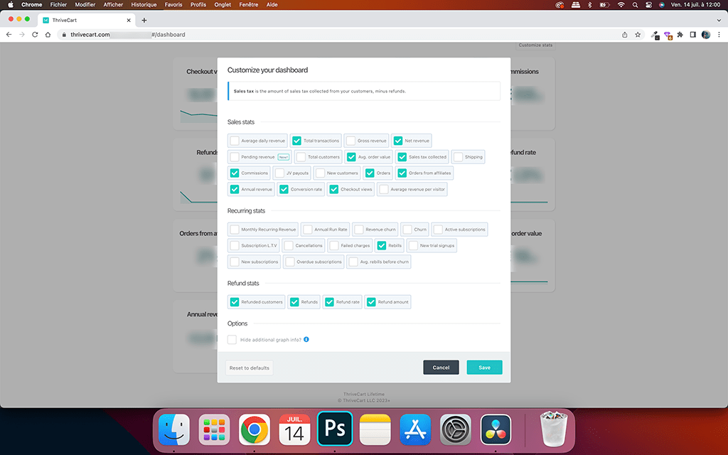 Toutes les statistiques disponibles dans ThriveCart