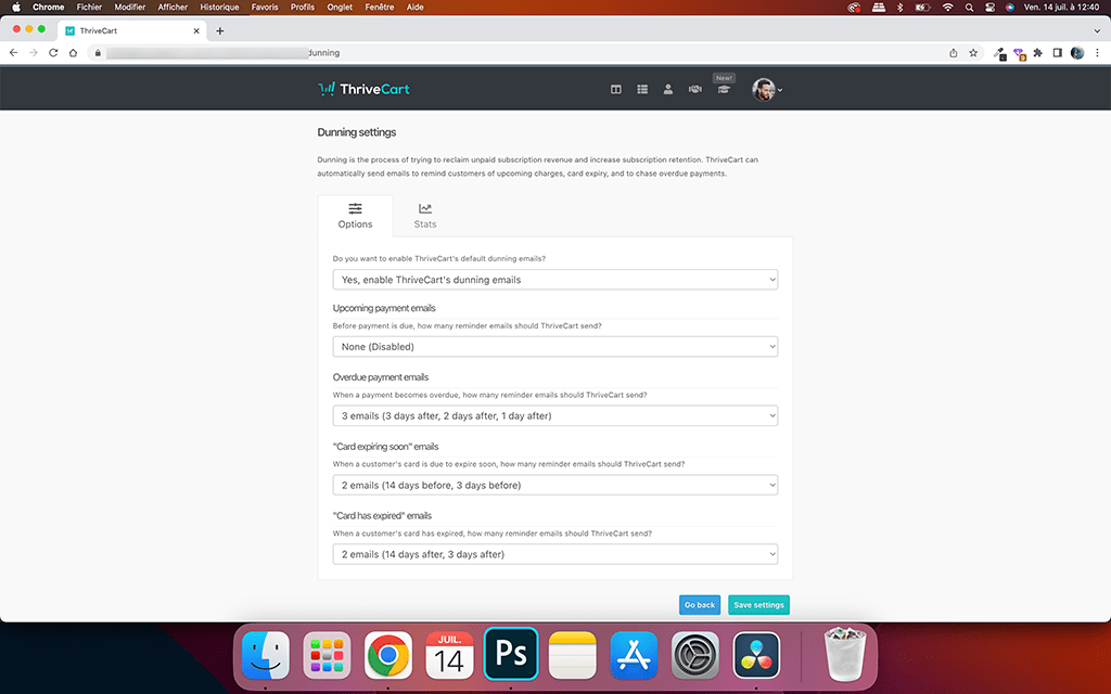 Le dunning dans ThriveCart