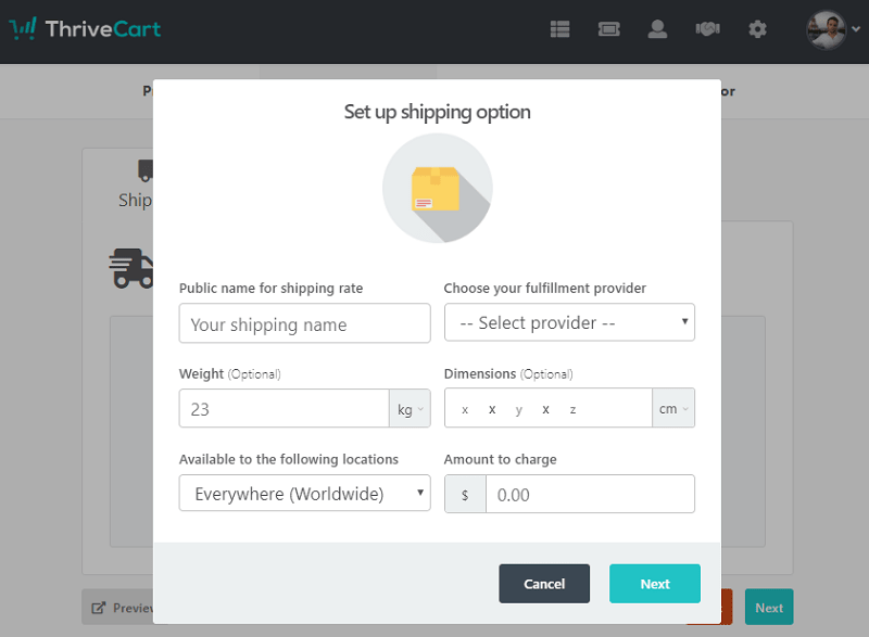 thrivecart shipping physical product option
