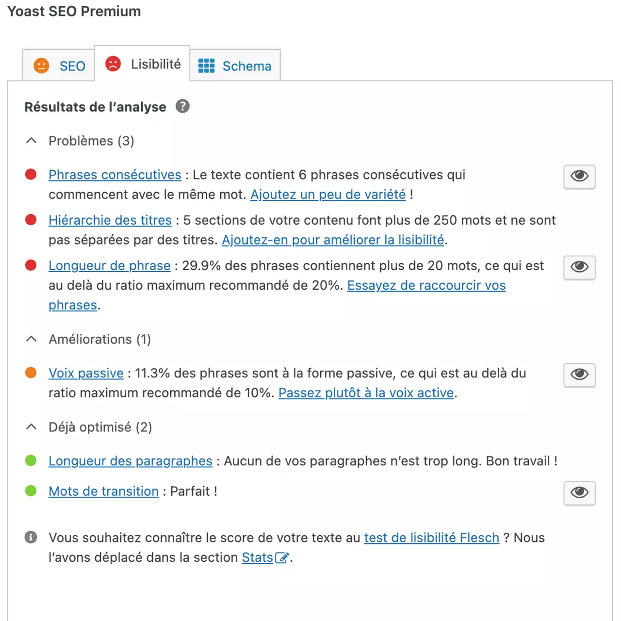 L'onglet lisibilité dans Yoast