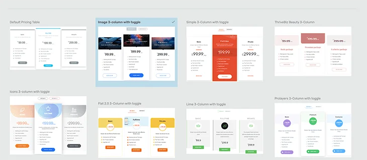 Exemples de templates  de tableau de prix proposés par Thrive Architect