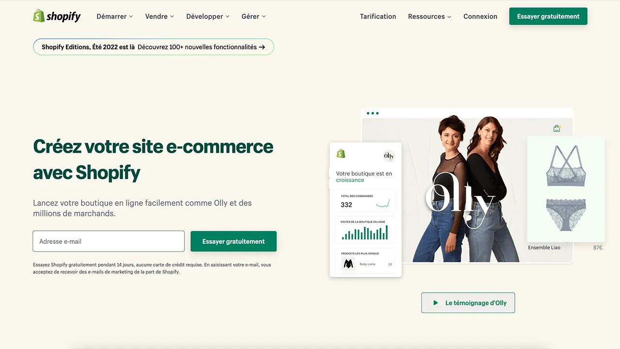 Page d'accueil de Shopify