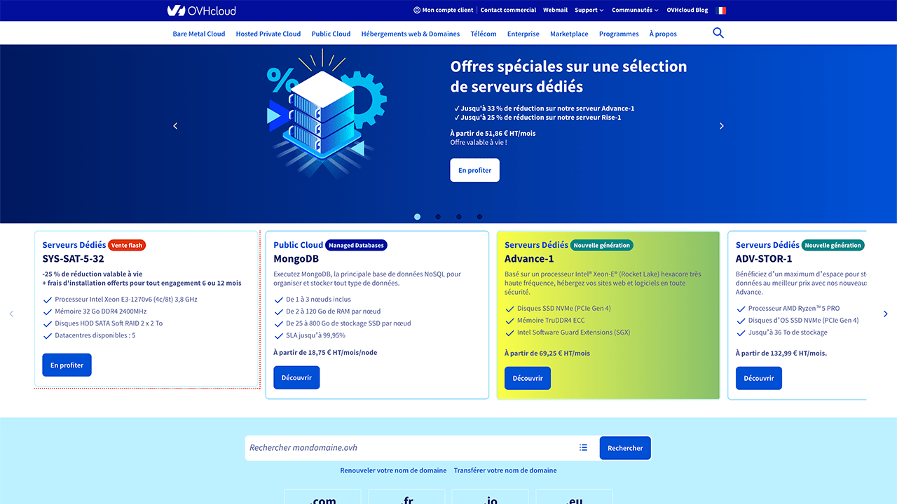 Page d'accueil de l'hébergeur OVH