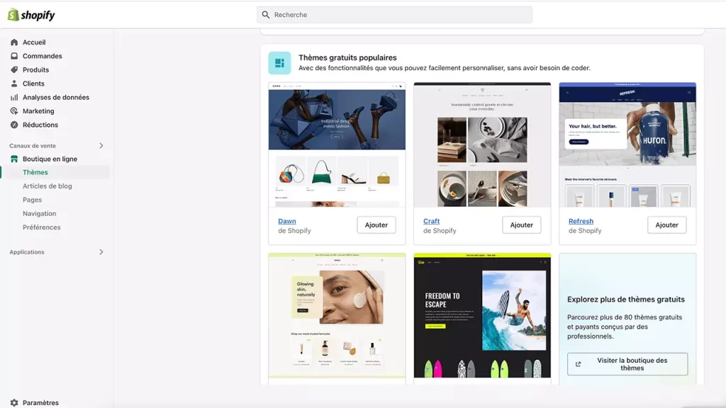 La bibliothèque des thèmes de Shopify