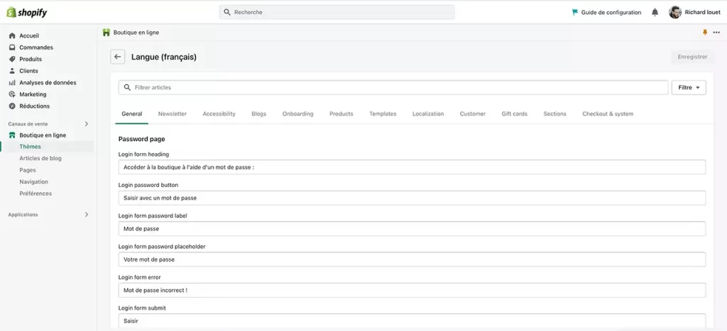 L'éditeur de langue Shopify pour mettre le thème en Français