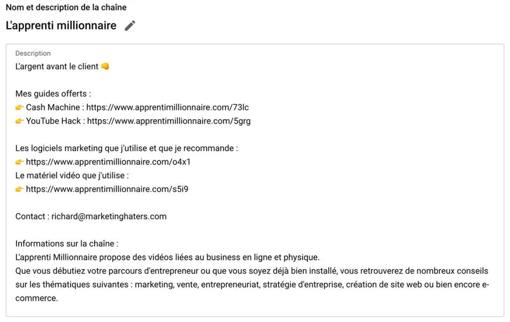 Description de la chaîne YouTube de l'apprenti millionnaire