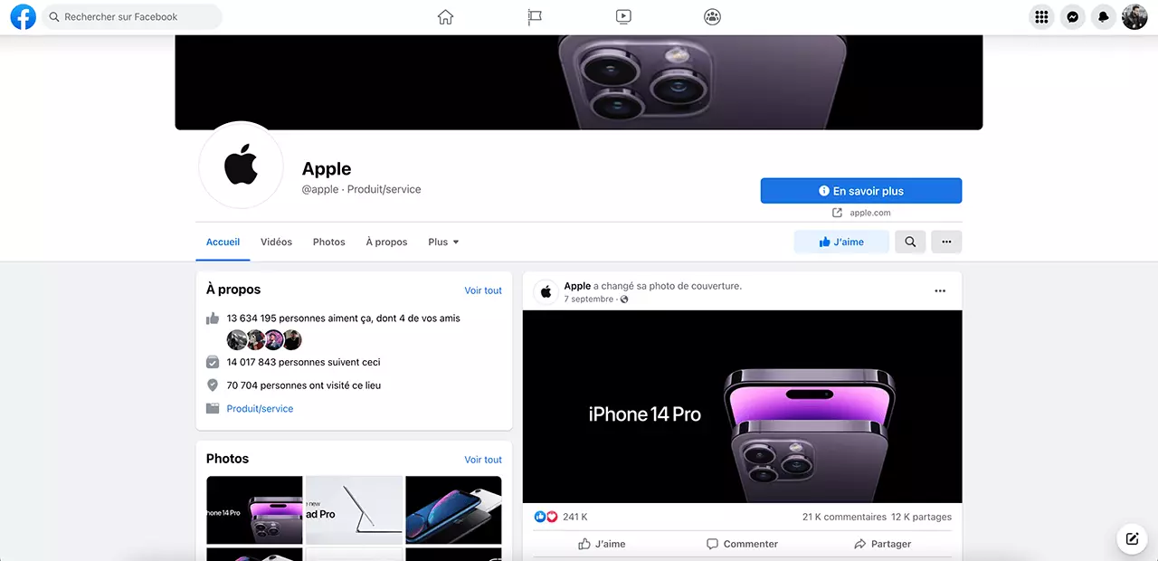 La page Facebook de Apple