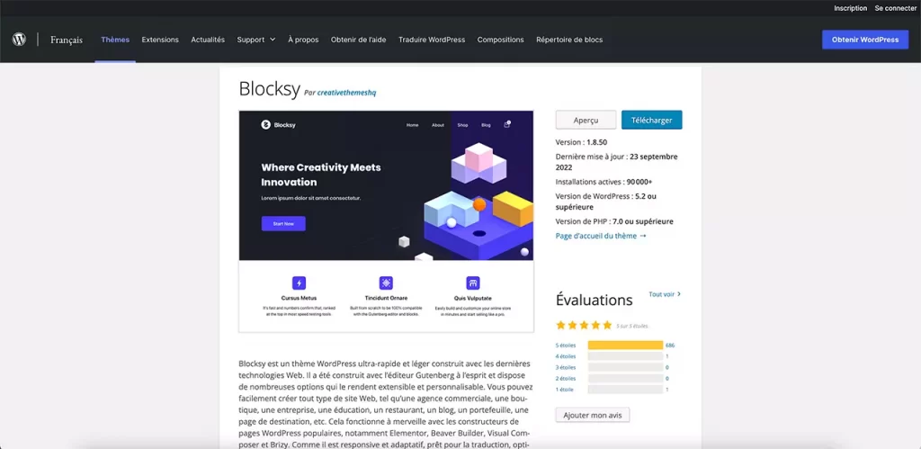 Page de téléchargement du thème Blocksy