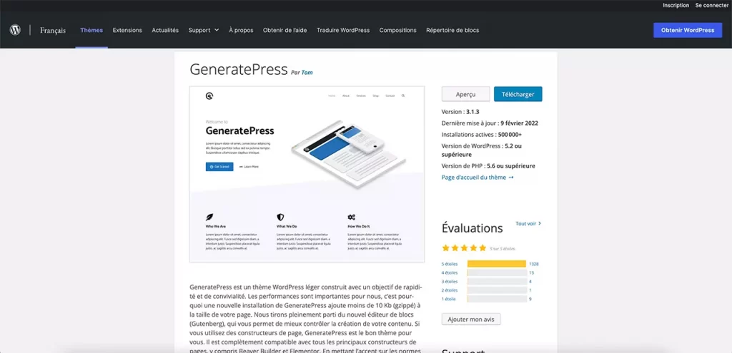 Page de téléchargement du thème GeneratePress