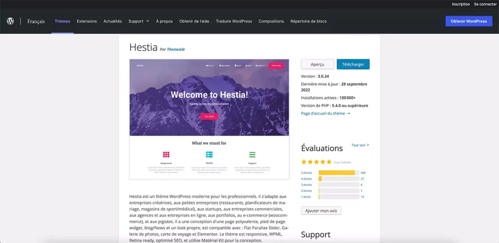 Page de téléchargement du thème Hestia