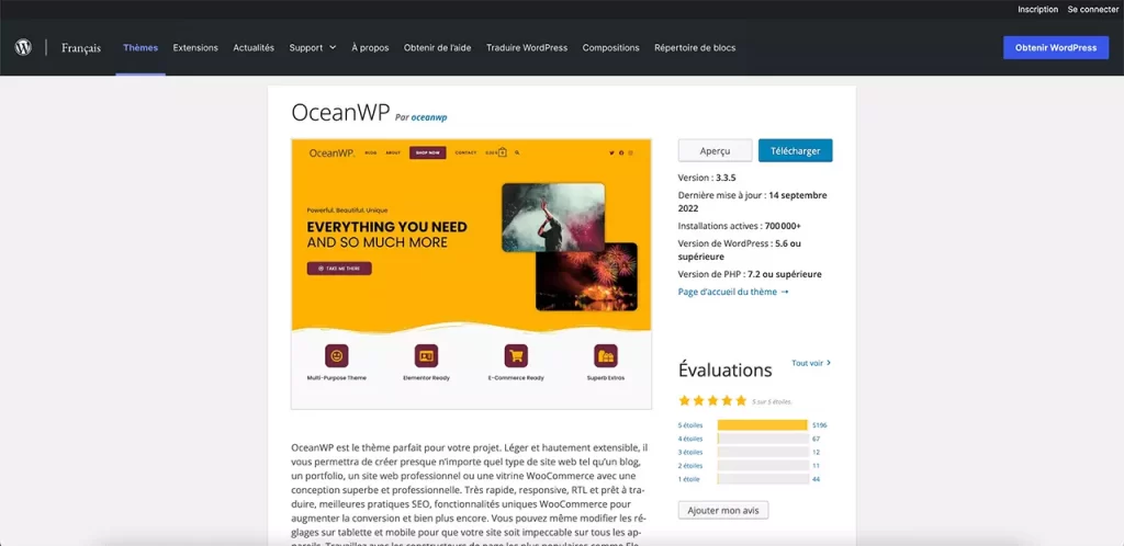 Page de téléchargement du thème OceanWP