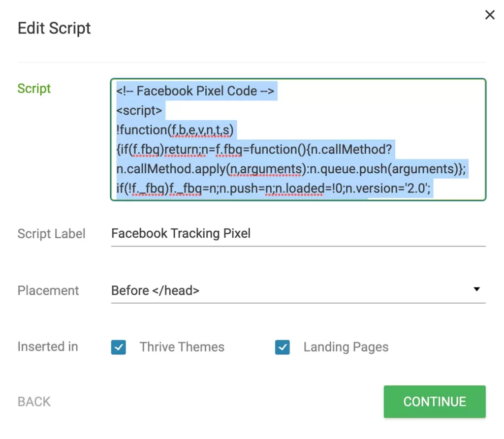 Ajout du pixel Facebook via les outils de ThriveThemes