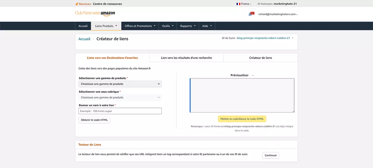 L'outil de création de lien dans Amazon Partenaire pour créer un lien d'affiliation