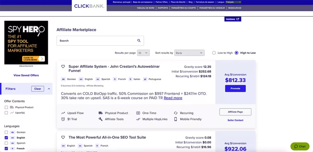 La marketplace de Clickbank où trouver des des produits à promouvoir en affiliation