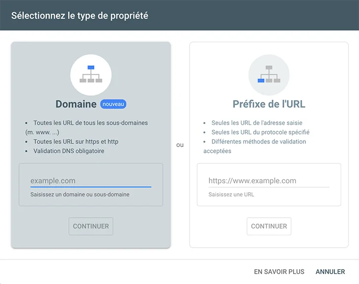 Ajouter une propriété dans la Search Console de Google : domaine ou préfixe URL