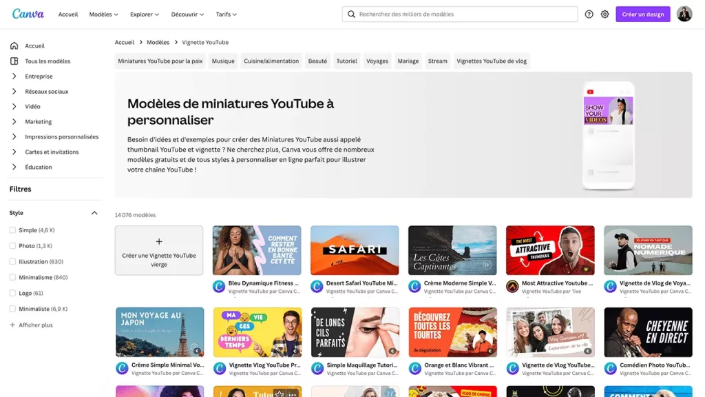 Logiciel Canva et ses modèles de miniatures YouTube