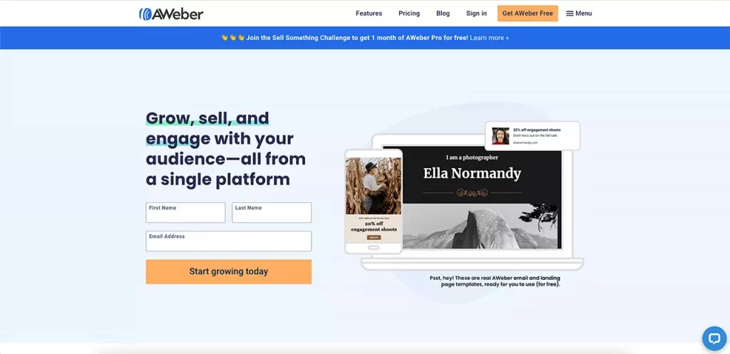 La page d'accueil de la solution d'emailing marketing Aweber
