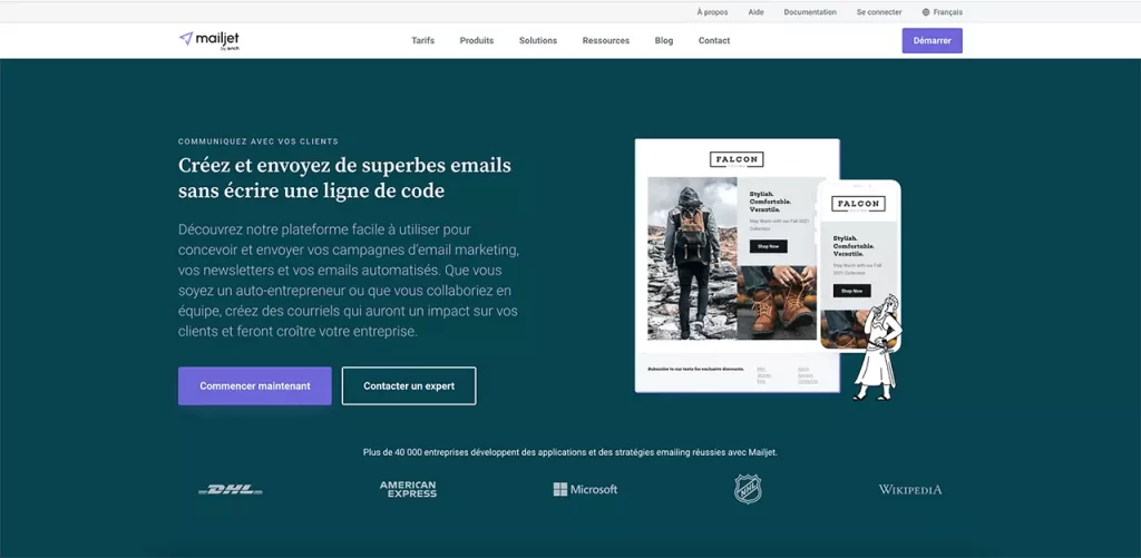 La page d'accueil de la solution d'emailing marketing MailJet