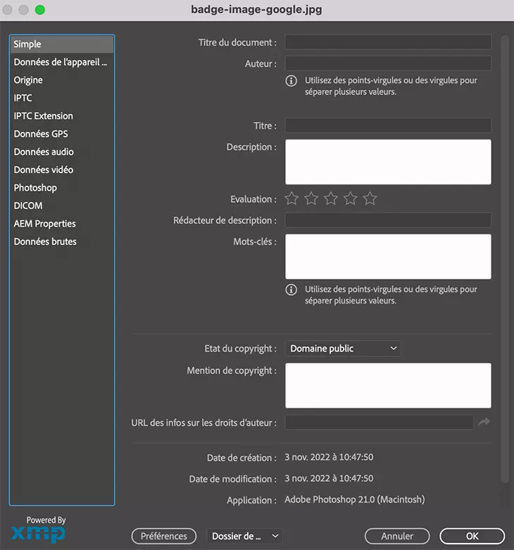 L'éditeur de métadonnées des images dans Photoshop