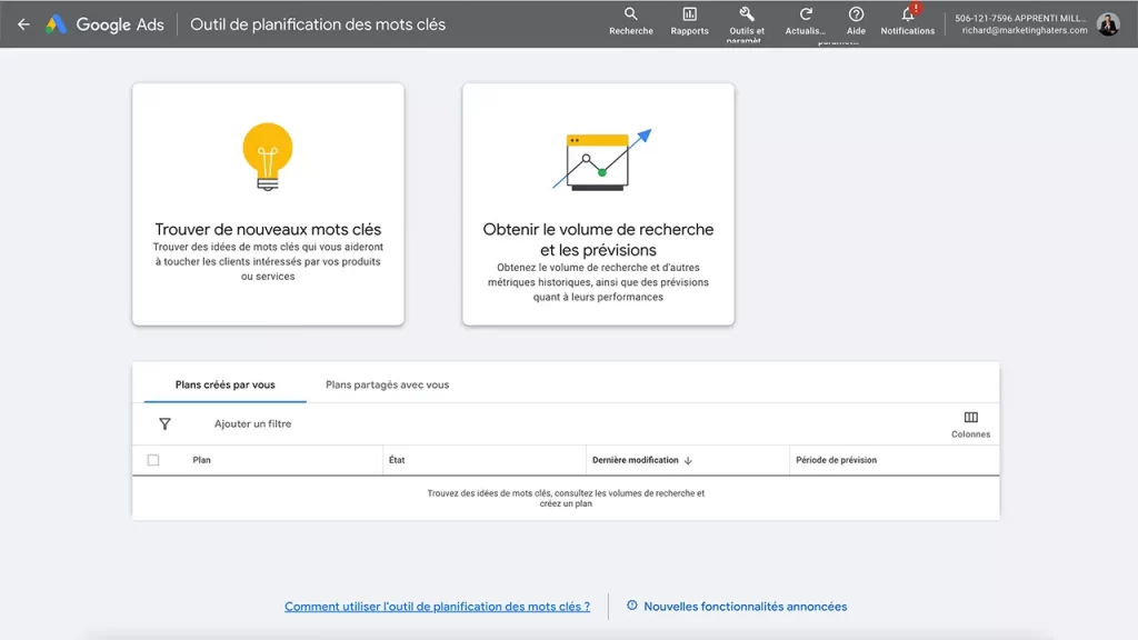 Google Keywords Planner outil seo gratuit d'analyse et de suivi