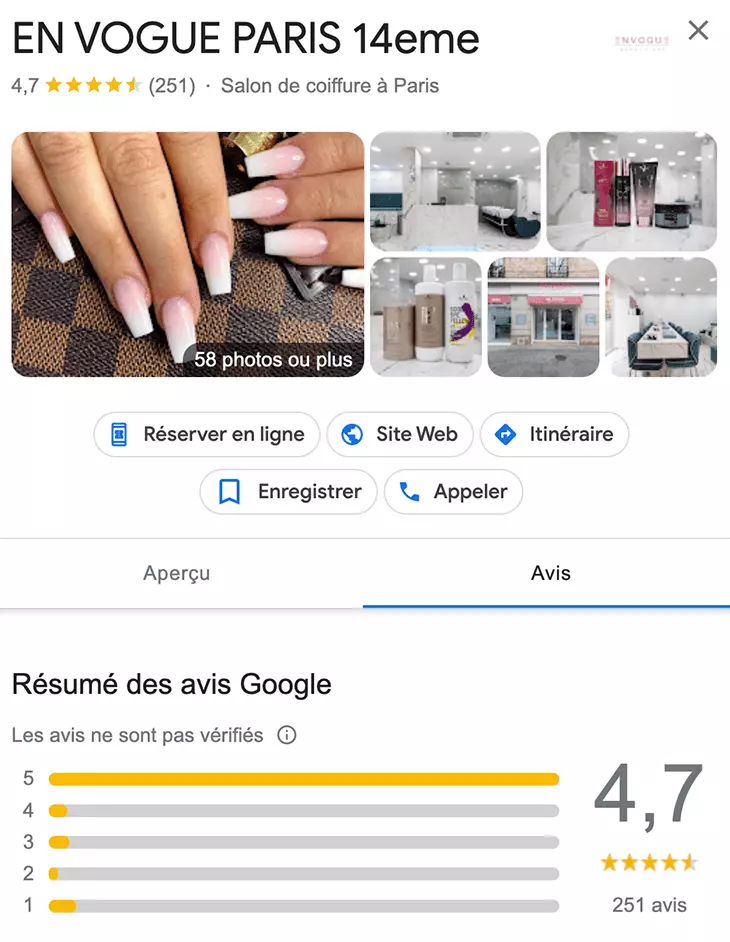 Exemple de référencement local avec les avis des Internautes dans une fiche d'établissement Google