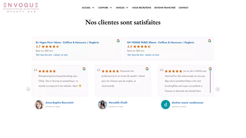 Exemple de référencement local avec les avis des Internautes mis en avant sur le site